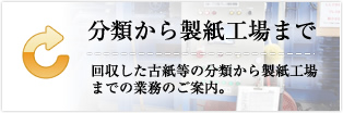 分類から製紙工場まで：回収した古紙等の分類から製紙工場までの業務のご案内。